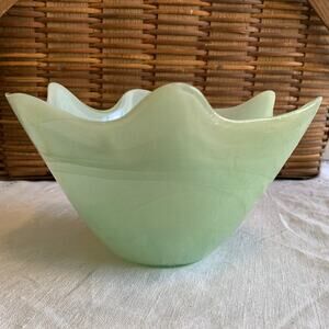 Green Art Glass Handblown With Swirl Scalloped Edge Made in Spain Recycled Glass